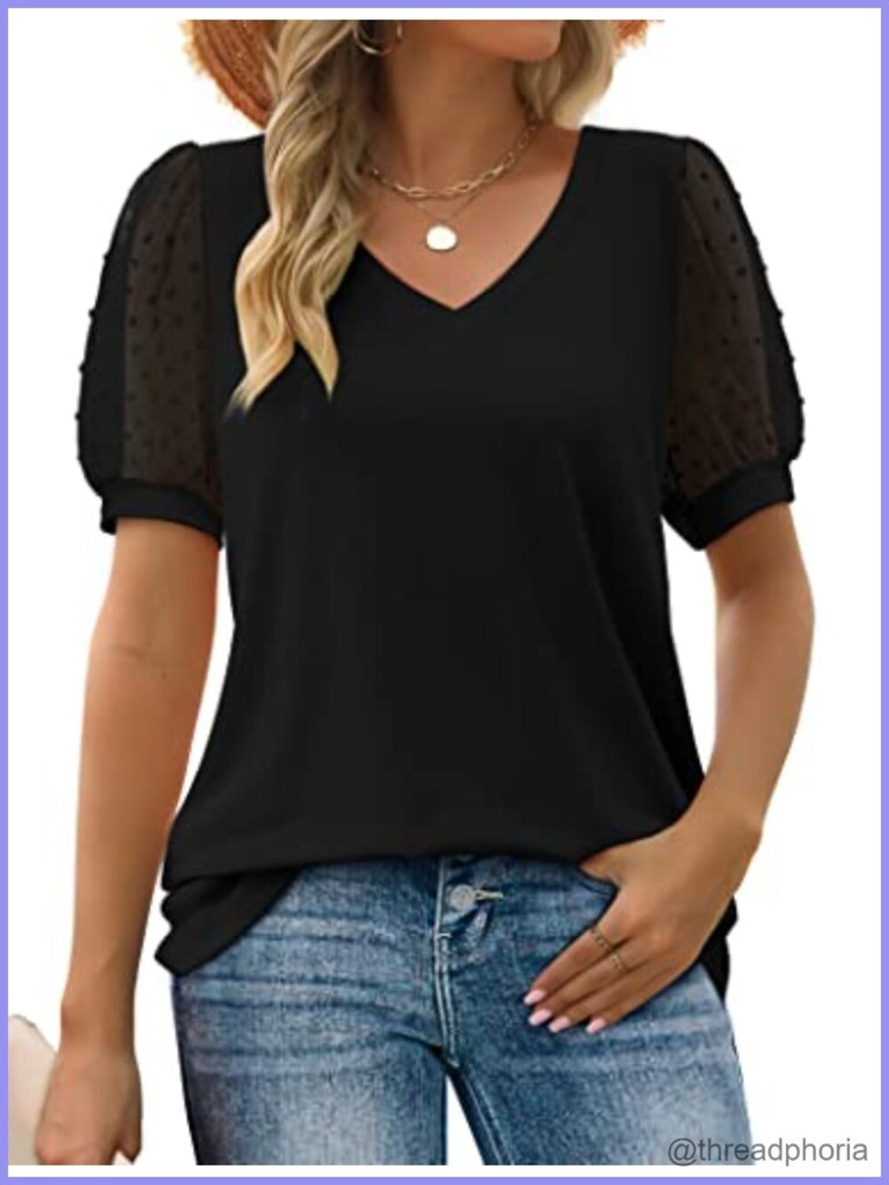 Womens V Neck Puff Sleeve Swiss Dot Tunic Top Loose Fit Casual T Shirt